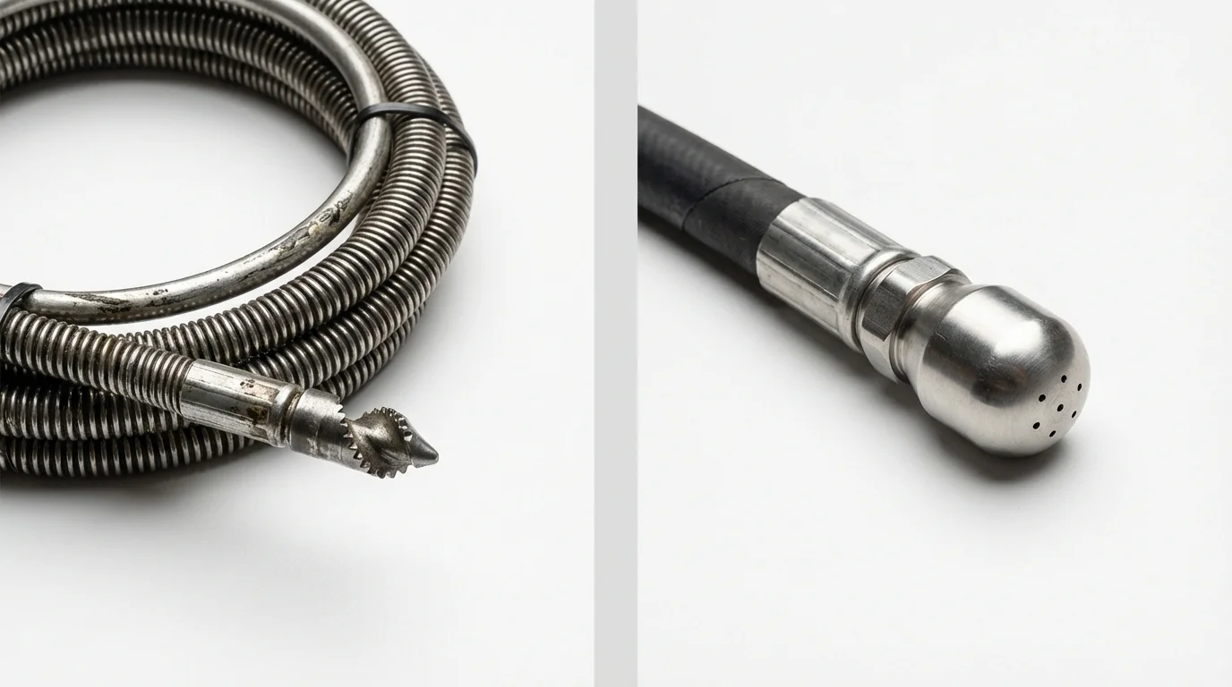 Drain snake cable and hydro jetting nozzle used for drain cleaning in Hallsville, MO