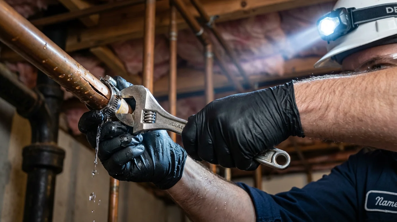 Emergency pipe clamp repair being performed by a Johns Plumbing LLC plumber in Hallsville