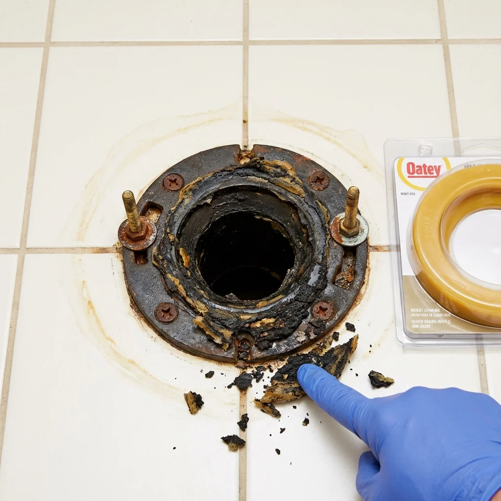 Failed wax ring showing water seepage at the base of a toilet in a Hallsville, MO home