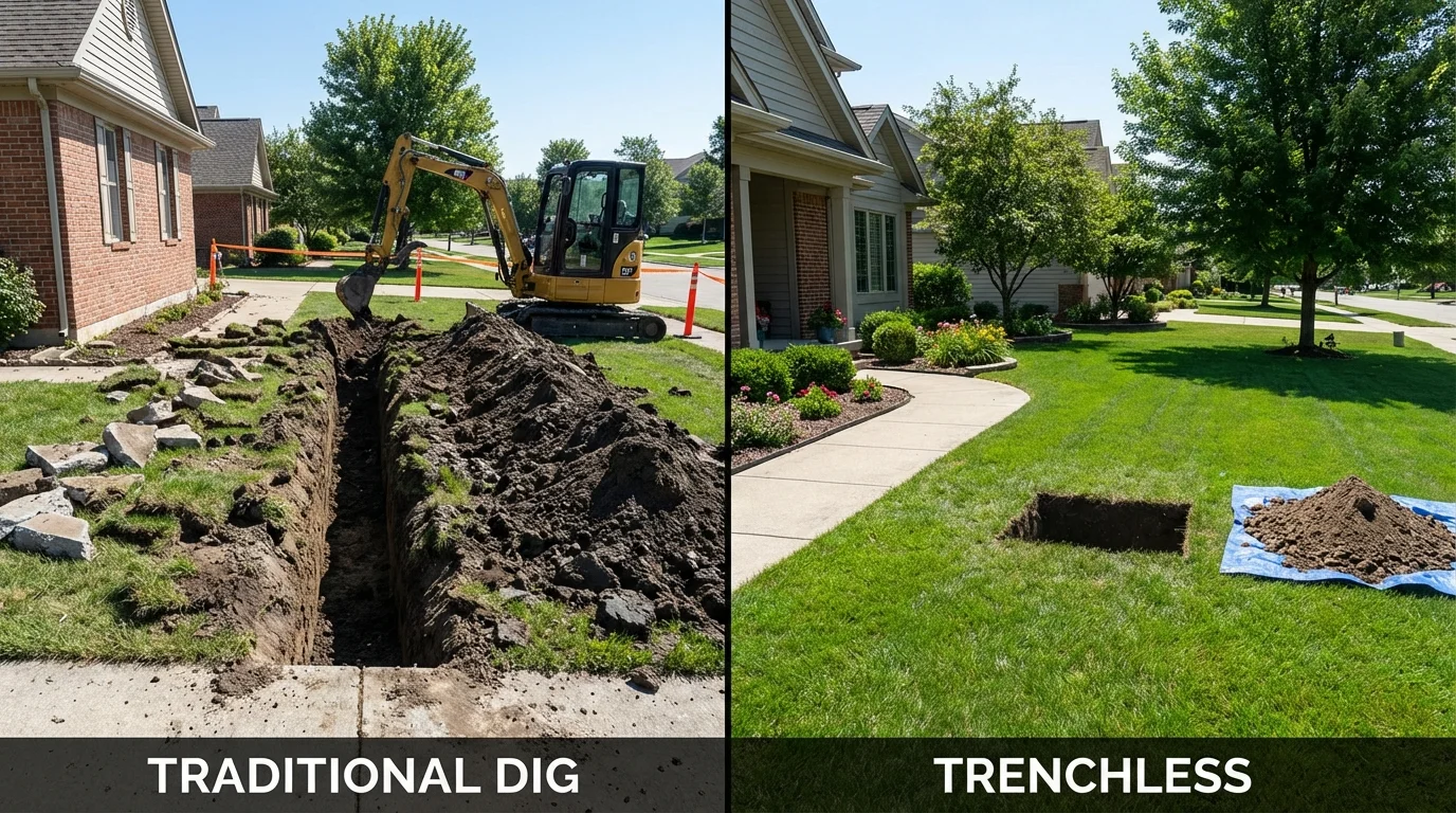 Trenchless sewer repair with minimal yard damage versus traditional excavation in Hallsville, MO