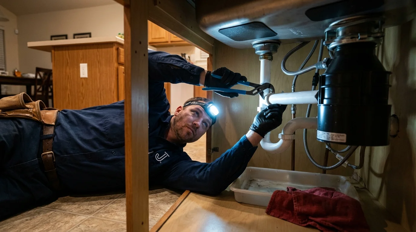 P-trap and supply line connections under a kitchen sink showing a common leak point in Hallsville, MO